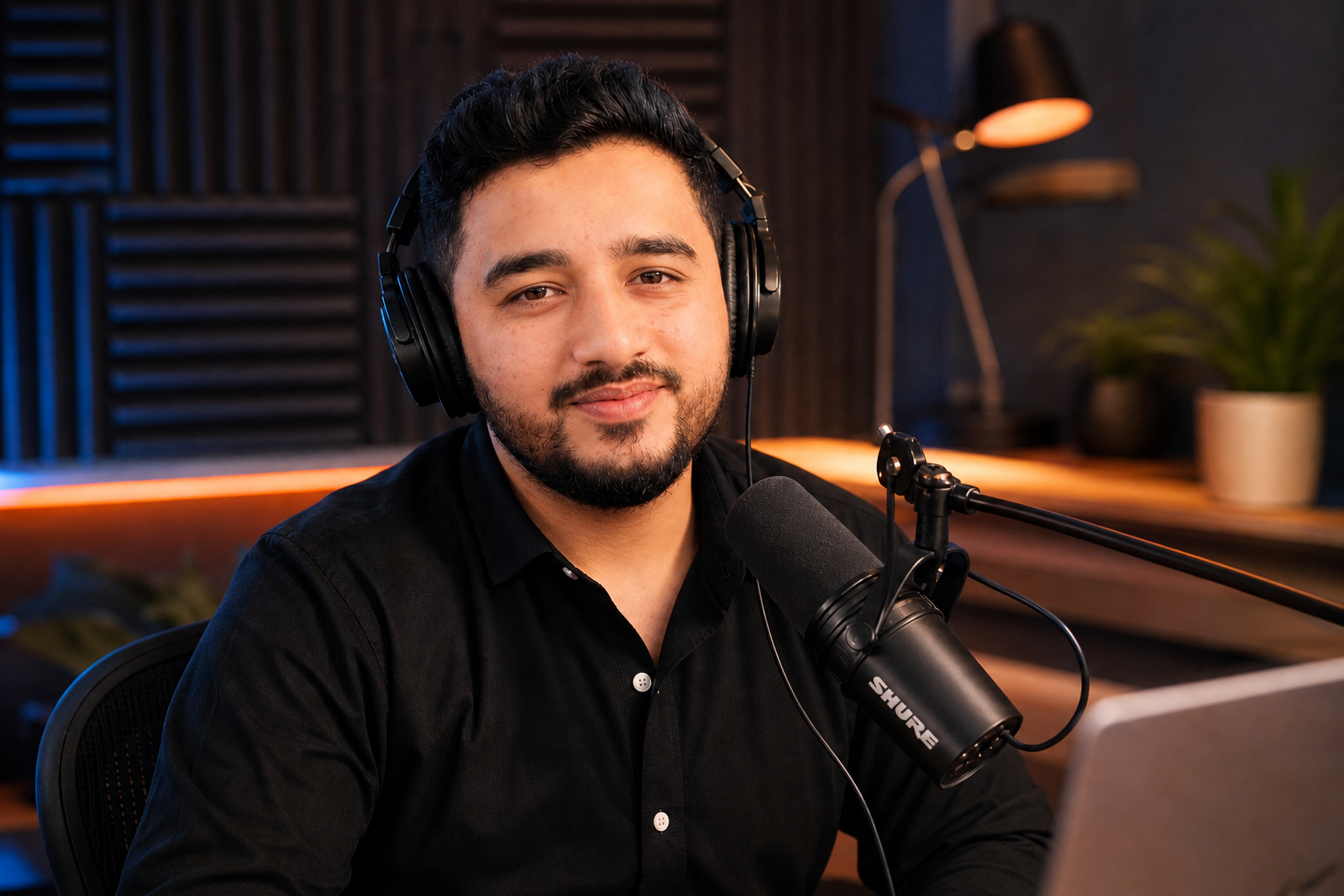 Fazal Jarral wearing headphones at a desk microphone